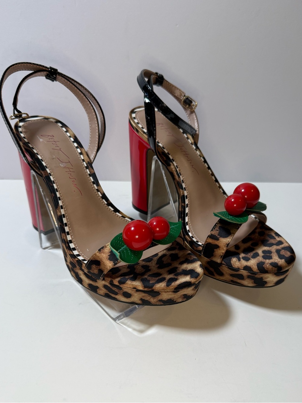 Betsey Johnson Leopard Platform Sandals with Red Cherry Accents - NWT